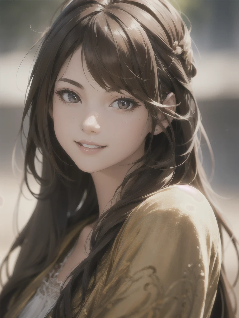 1girl, solo, detailed face, long hair, looking at viewer, smiling, open mouth, detailed skin, brown hair, detailed bust, blurred background, depth of field, cinematic lighting, vibrant colors, photorealistic, 8k, highly detailed, masterpiece, (best quality:1.2), (realistic:1.37)