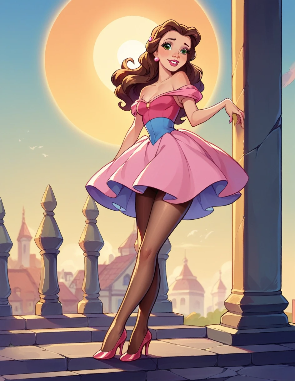 Belle, very tiny miniskirt, tan shiny pantyhose, high heels, sun shiny day