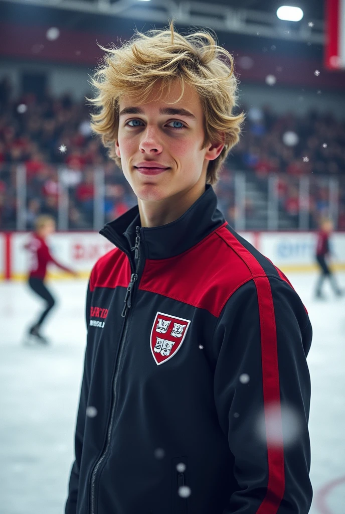 Draw the representative of the Harvard College Figure Skating Committee,blondie hair, blue colored eyes, pele caucasiana,young adult man 