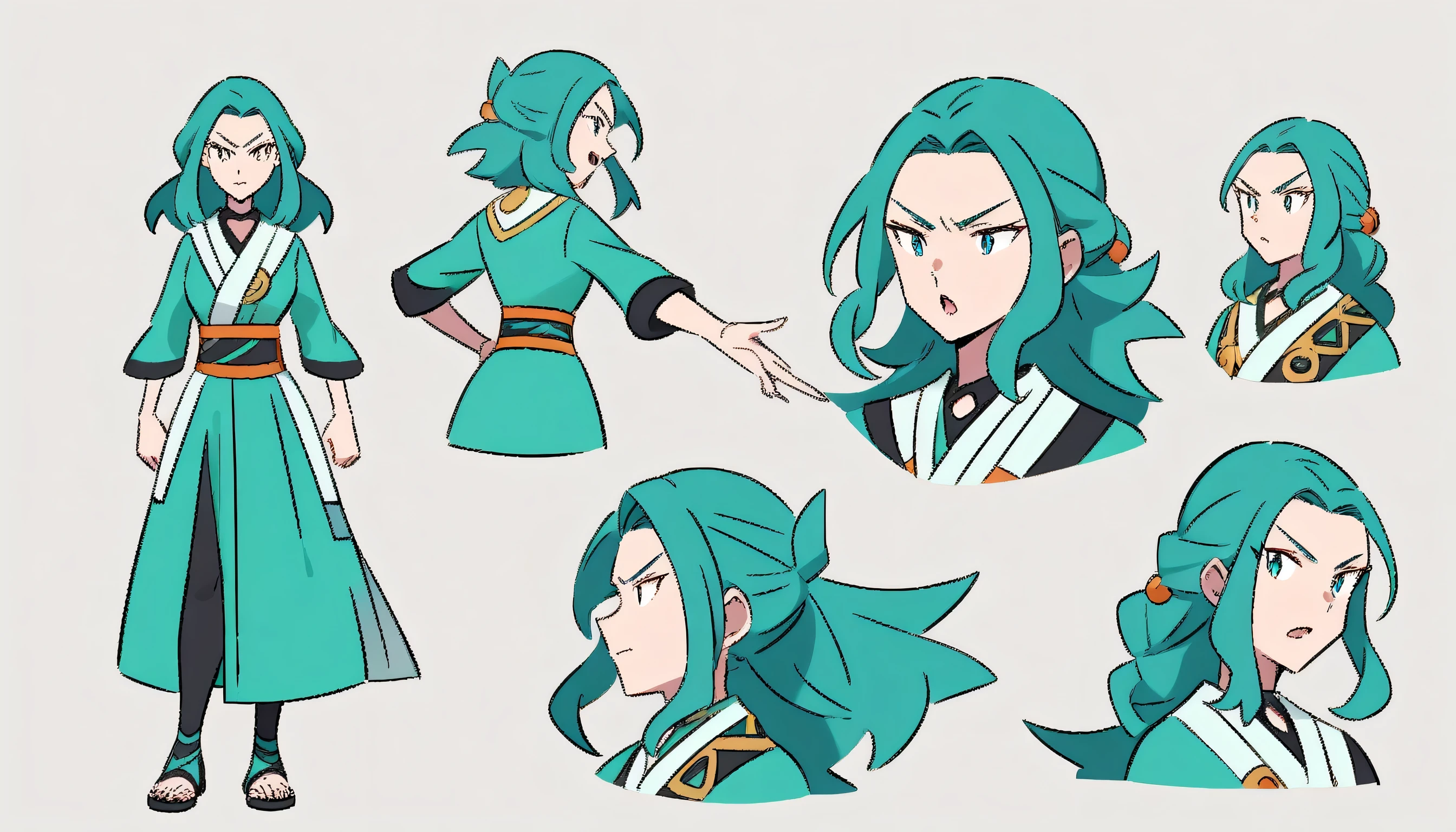 concept art character diferent poses an young adult woman with aggressive and charismatic features, blue and jade clothes with shaman details, pokemon trainer style, pokemon art