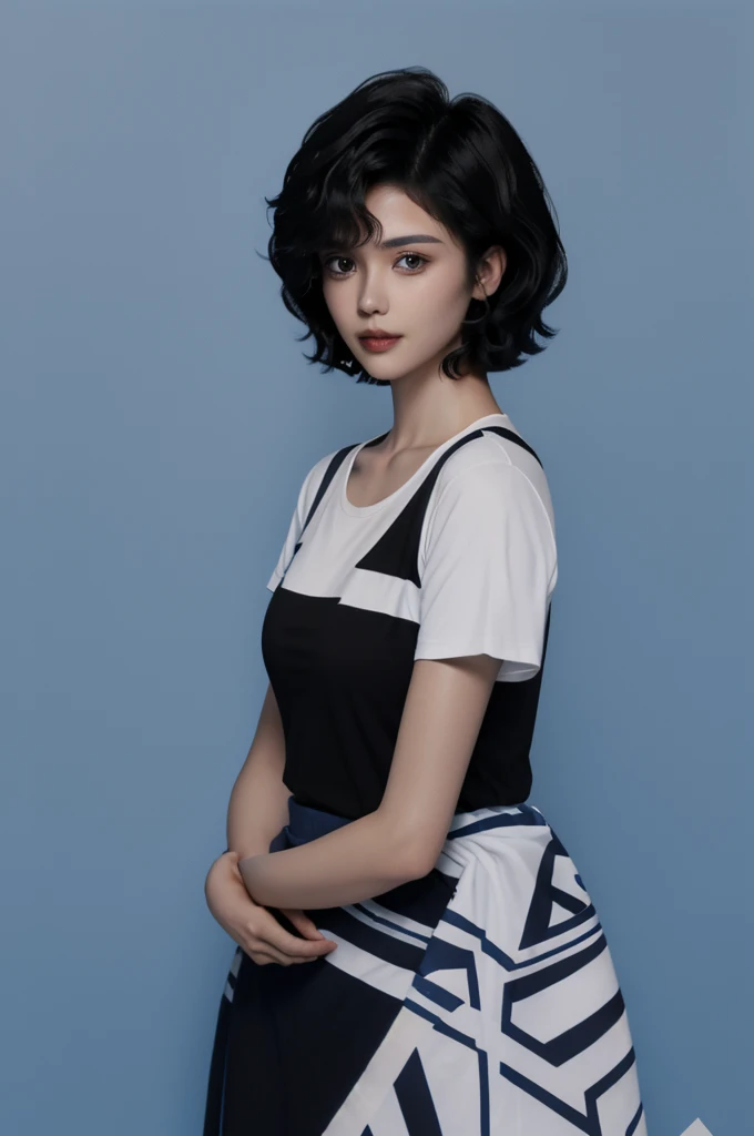 blue id photo, 1 female, hair length: short hair, hair texture: tight curl, black hair, hair style: parted, hair volume: high volume, hair styling: straight, hair part style: undercut, solo, upper body, formal, realistic, looking at viewer, black t-shirt, pure white background