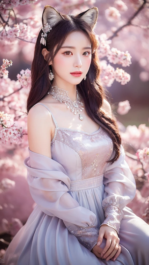 (lifelike, high resolution:1.3), close up,Sense of story,Realism,Chinese aesthetics,Portrait,Photography,8K,A gentle and mysterious fox demon,Deep eyes and seductive,Dressed in gorgeous period costumes,Slim and graceful figure。She sat under the old cherry tree,Surrounded by light pink petals,The moonlight casts a soft silver light。The painting style is elegant,Detailed depiction of fox ears and fluffy tail,Use soft pink tones,Create a dreamy and romantic atmosphere