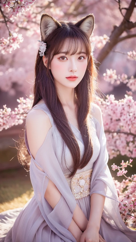 (lifelike, high resolution:1.3), close up,Sense of story,Realism,Chinese aesthetics,Portrait,Photography,8K,A gentle and mysterious fox demon,Deep eyes and seductive,Dressed in gorgeous period costumes,Slim and graceful figure。She sat under the old cherry tree,Surrounded by light pink petals,The moonlight casts a soft silver light。The painting style is elegant,Detailed depiction of fox ears and fluffy tail,Use soft pink tones,Create a dreamy and romantic atmosphere