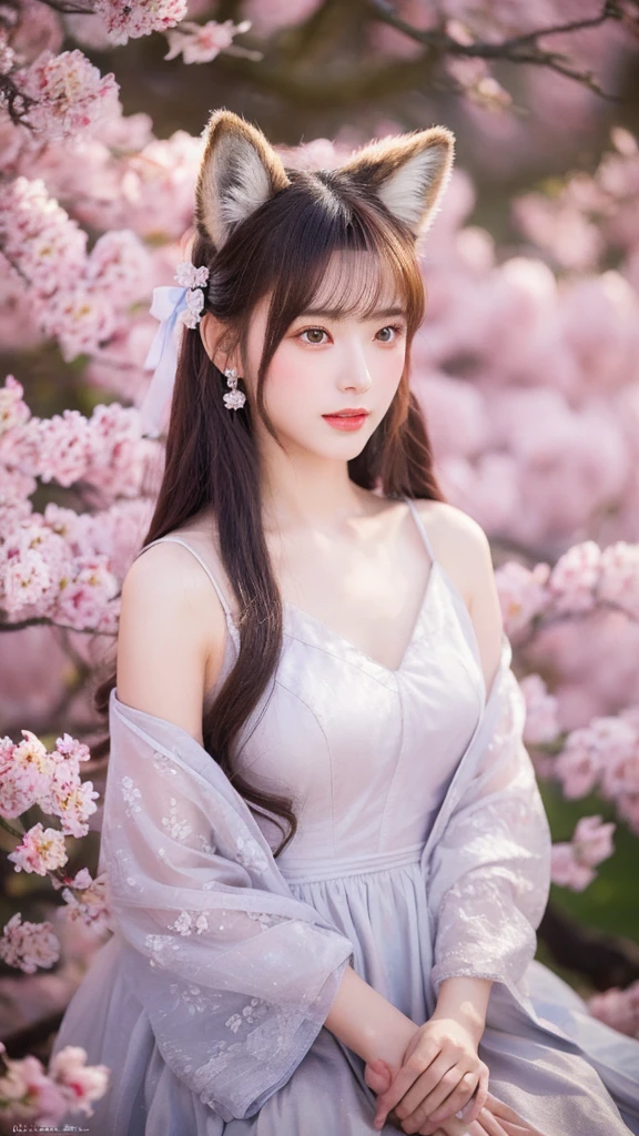(lifelike, high resolution:1.3), close up,Sense of story,Realism,Chinese aesthetics,Portrait,Photography,8K,A gentle and mysterious fox demon,Deep eyes and seductive,Dressed in gorgeous period costumes,Slim and graceful figure。She sat under the old cherry tree,Surrounded by light pink petals,The moonlight casts a soft silver light。The painting style is elegant,Detailed depiction of fox ears and fluffy tail,Use soft pink tones,Create a dreamy and romantic atmosphere