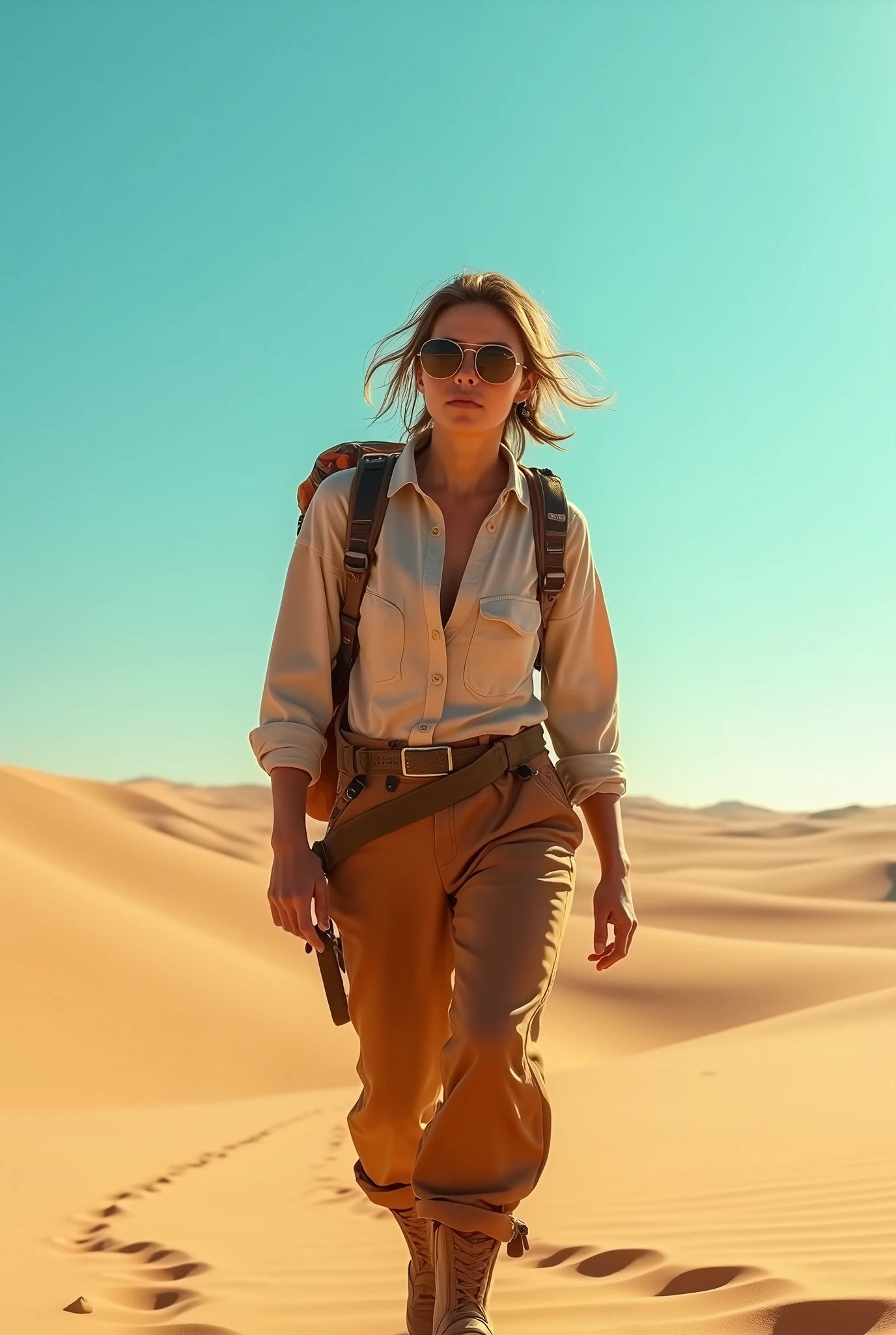 ((best qualityer)), ((work of art)), ((realisitic)), ((best qualityer)), ((work of art)), ((realisitic)), walking in the desert, looking tired, wear loose clothing Long-sleeved shirts and pants, harness, oculos de sol, Very beauthful, in a natural and casual style at eye level, scenic, work of art, (high resolution), original, extremely detalheed 8K , (photorealisitic:1.4),flawless face, perfects eyes,symmetrical body shape,ssmile,