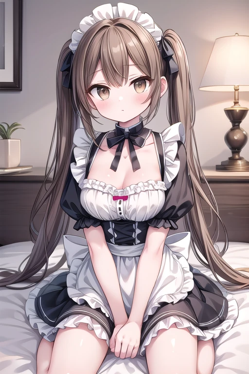 Solo Girl, -yeld,, ntails Hair, light brown hair, Brown eyes, Mid-chest, highest quality, High resolution, Very detailed, Detailed Background, Perfect lighting、Sitting on the bed with legs spread、Extreme maid outfit、very cute,middle breasts,cute eyes,puffy eyes,