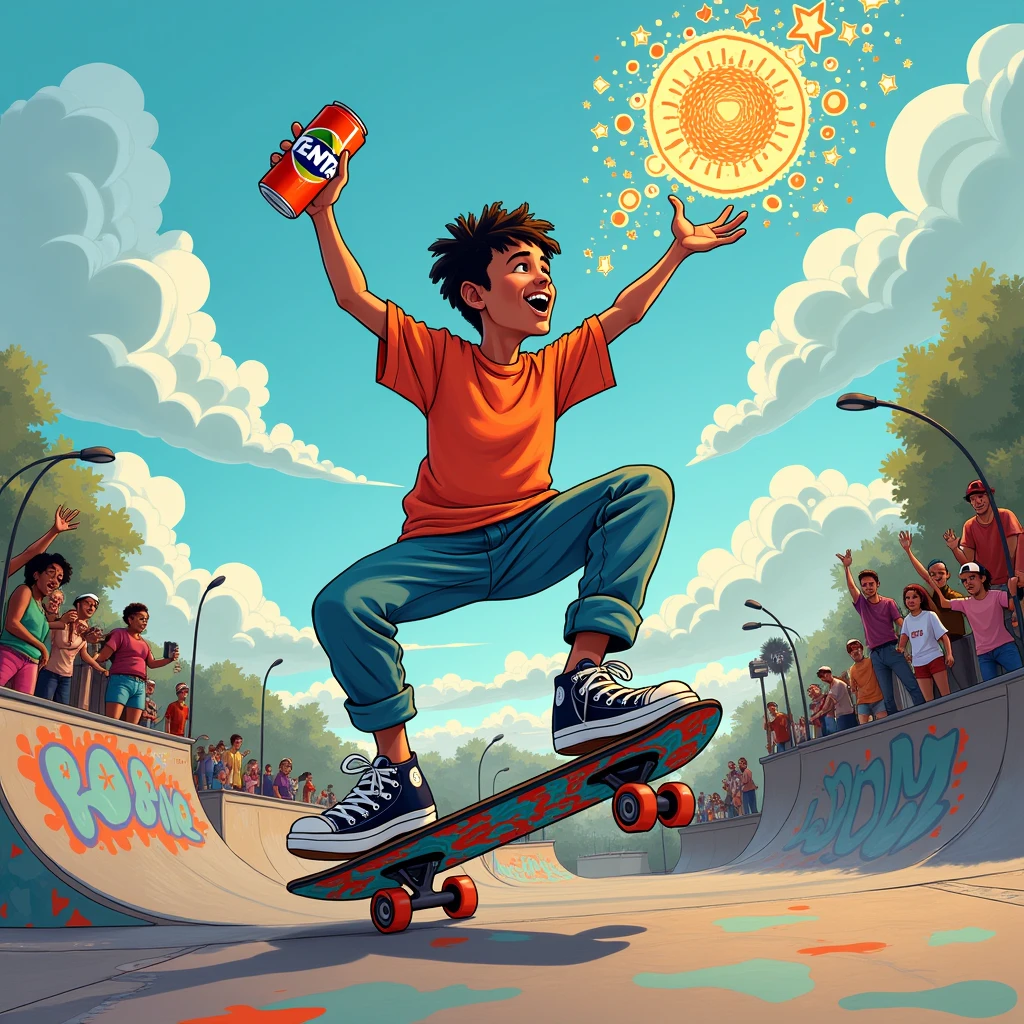 Backwards skater with his arms raised, holding a can of tenta in one hand and a thought in the other, digital drawing style
