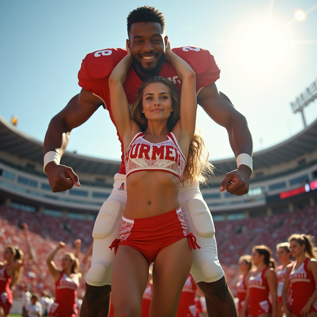 Beautiful and strong girl cheerleader lifting a large male football player high above her head with her strong arms. Photorealistic. View from a distance. Wide angle. Male on top.