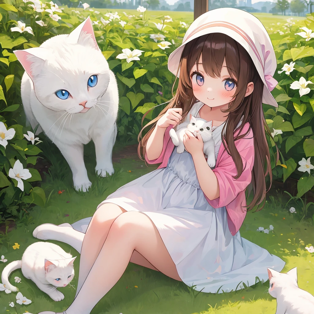 A beautiful young girl playing with a pure white kitten.