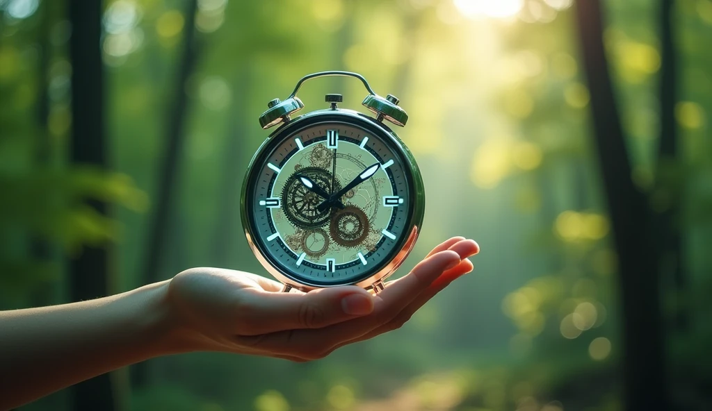 futuristic clock grasped with a hand , blurred forest background