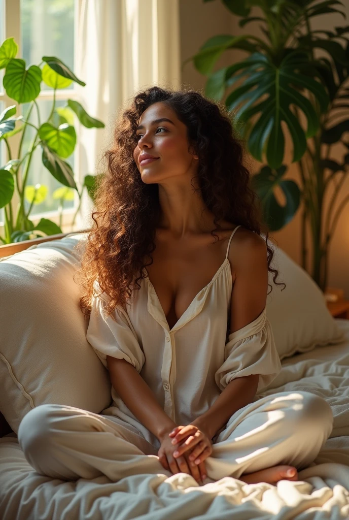 (photorealism:1.2), beautiful woman, sitting on bed, wearing loose off-shoulder top, pajama pants, long curly hair, indoors, soft lighting, plants in background, window with sunlight, cozy room, relaxed pose, realistic, intricate details, warm colors, by Greg Rutkowski, by Alphonse Mucha