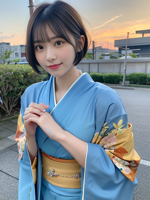 (She was wearing a beautiful and colorful blue kimono.、Close-up portrait of a short-haired woman with blunt bangs:1.5)、(The Japanese business district with a winter sky spreading out:1.5)、(Perfect Anatomy:1.3)、(No mask:1.3)、(Full Finger:1.3)、30 years old、Slightly upturned、Married Woman Style、cute、Realistic、photograph、Tabletop、Highest quality、High resolution, Delicate and beautiful、Perfect Face、Beautiful attention to detail、Fair skin、Real human skin、pores、((Thin legs))、(Brown Hair)、(zoom)