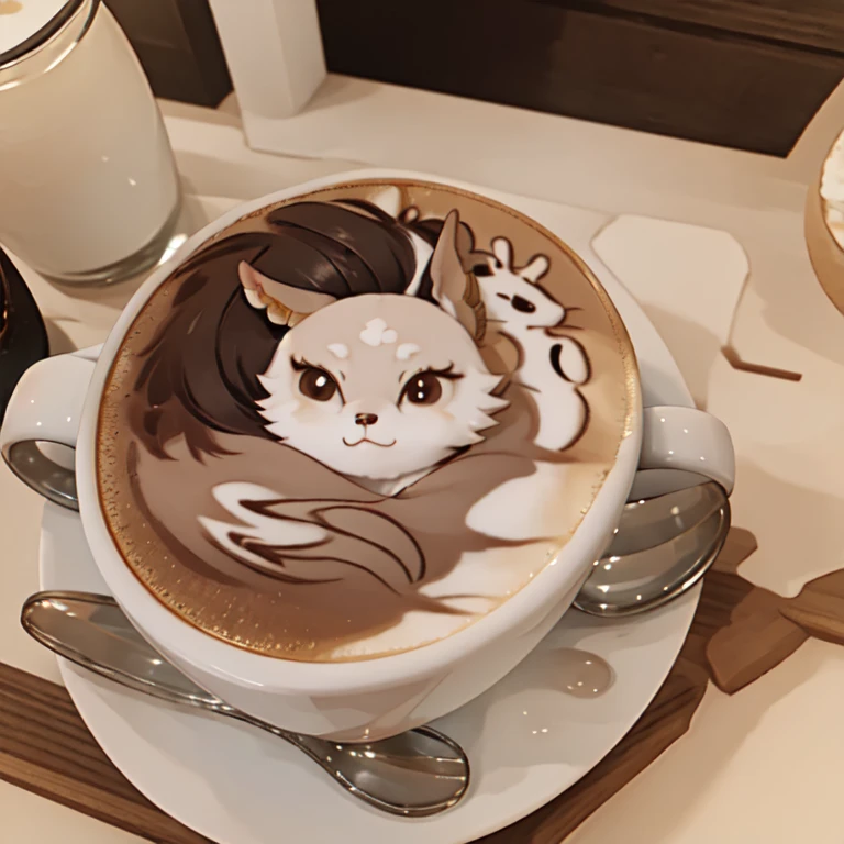 Very detailed, high quality, masterpiece, beautiful, coffee, Latte, Latteアート, Latte art, Food art, One person, Yaemiko Fox, No humans, 