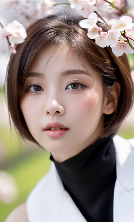 ( (((A beautiful woman))), ((a white cherry blossom)),(((detailed face))),(crotch),normal breasts,pretty,sleeveless turtle neck, white silky clothes, 4k , super high resolution ,(photo-realistic: 1.7),white background,black short hair, ((SFW)), cowboy_shot, high angel shot, bokeh. 🔥🌹💕)