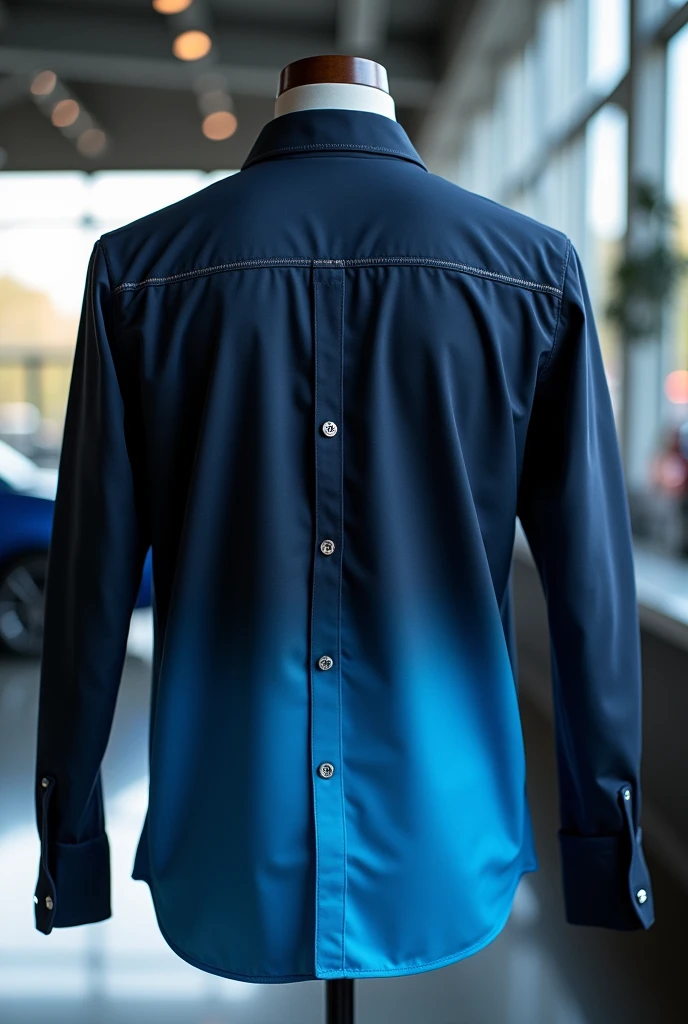 A sober and elegant shirt for an automotive spare parts company, dark blue from the shoulders to the chest, a gray line and then have the shirt continue in sky blue until the shirt ends