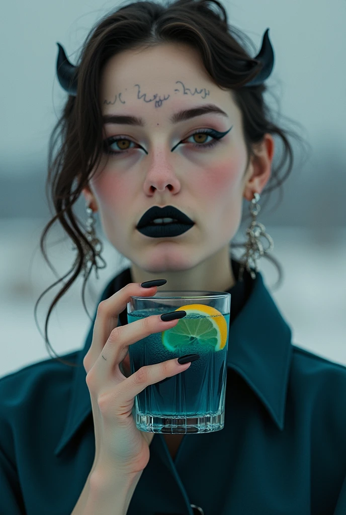 a woman with very delicate features, but at the same time austere and closed. slightly long nose, very thin lips, focus from the waist up, she is wearing a chromatic garment that covers her up to the neck. very minimalist earrings. she holds a glass with a navy blue drink and a slice of lemon. on her forehead is tattooed the words: Venus in Virgo. the very cold and gray scenery. sharp and aggressive nails and black lipstick. and eyes outlined in black. small black horns emerge from her forehead harmonizing with the rest of the colors.