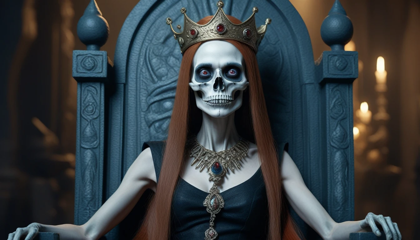 The goddess of death sits majestically on a throne. Skeletons are standing around her. She has a crown of bones on her head. Long hair, long nails. She is wearing a long dress, her shoulders are open. There is a massive necklace around her neck. Surrealism, mystical atmosphere.Detailed Textures, High detail, 8K, Cinematic, Award-winning works, Digital Painting, Conceptual Art, Photorealistic, Detailed eyes. 16 KB resolution, Nikon Z9, Digital photography, ultratextured skin, Realistic photography, Cinematic effect, soft light, soft shadows, high-quality surround lighting