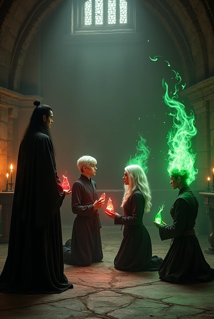  make 4 students kneel , He will be a tall man with long black samurai-style hair, a man with short, combed white hair , a white haired woman, and a green humanoid being with a green aura , green fire hairless , everyone with medieval student style clothing in black and white, receiving red crystals each one 