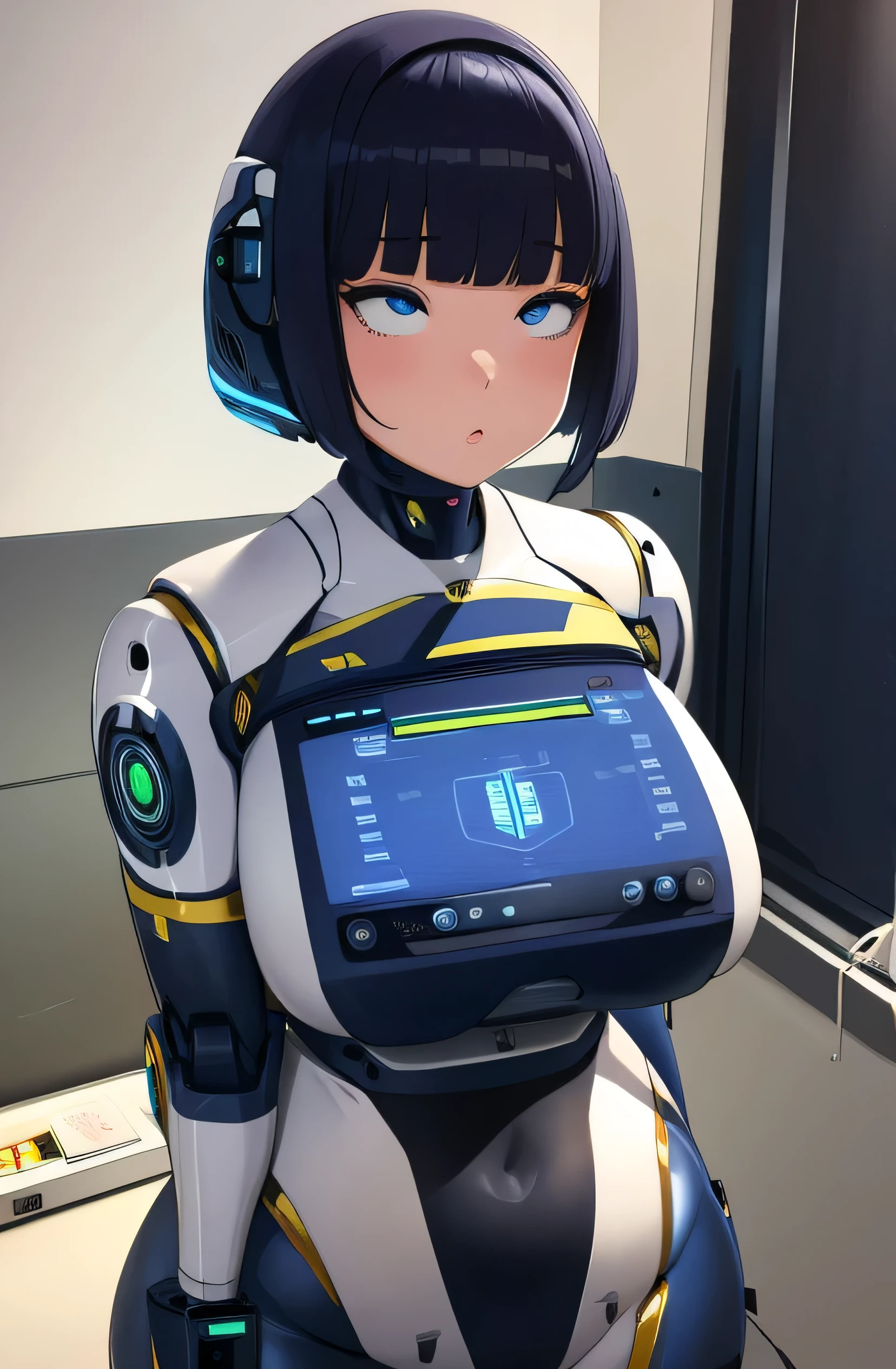 masterpiece, best quality, extremely detailed, Japaese android girl,Plump ,control panels,android,Droid,Mechanical Hand, Robot arms and legs,Blunt bangs,perfect robot girl,long tube,thick cable connected her neck,android,robot,humanoid,cyborg,japanese cyborg girl ,robot-assembly plant,She has assembled now,assembly scene,chest monitor,blue eyes,rolling eyes