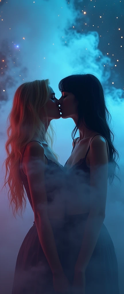 (Mysterious fog:1.5), (Thick Fog:1.2), Iridescent, Neon Dust, Shading Effects, Gradient Magic Effect, Fog filter effect, Glitter effect, Graphics CG Digital Art, Two young women kissing, a woman with long blonde hair and a woman with short black hair