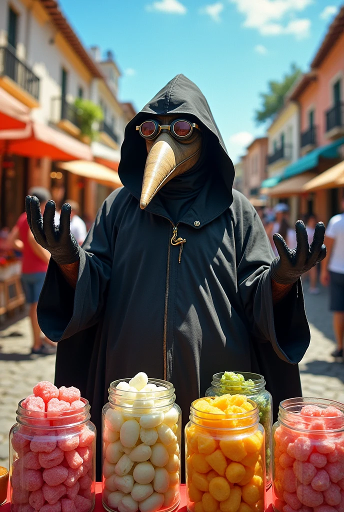 Make a chubby plague doctor, What does the paçoca candy sell?