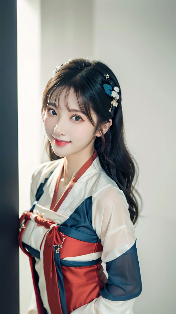 (8k, raw, masterpiece: 1.5), (professional photograph, sharp: 1.2), (natural sun light), (soft shadow), (photorealistic: 1.4), perfect dynamic composition, (((white screen background))), (1 girl), (Ultra-detailed face and skin), gorgeous face, perfectly proportioned face, dark brown eyes, round eyes, beautiful eyes, glossy eyes, high nose bridge, blush, small lips, really moist skin, white skin, (delicate skin:1.4), (latex skin:0.4), (perfect glowing skin:0.6), (((black long curly hair, bangs))), (slim body: 1.5), (huge breasts: 1.1), ((huge smile at the camera)), looking at camera, ((dark blue and red hanfu)),