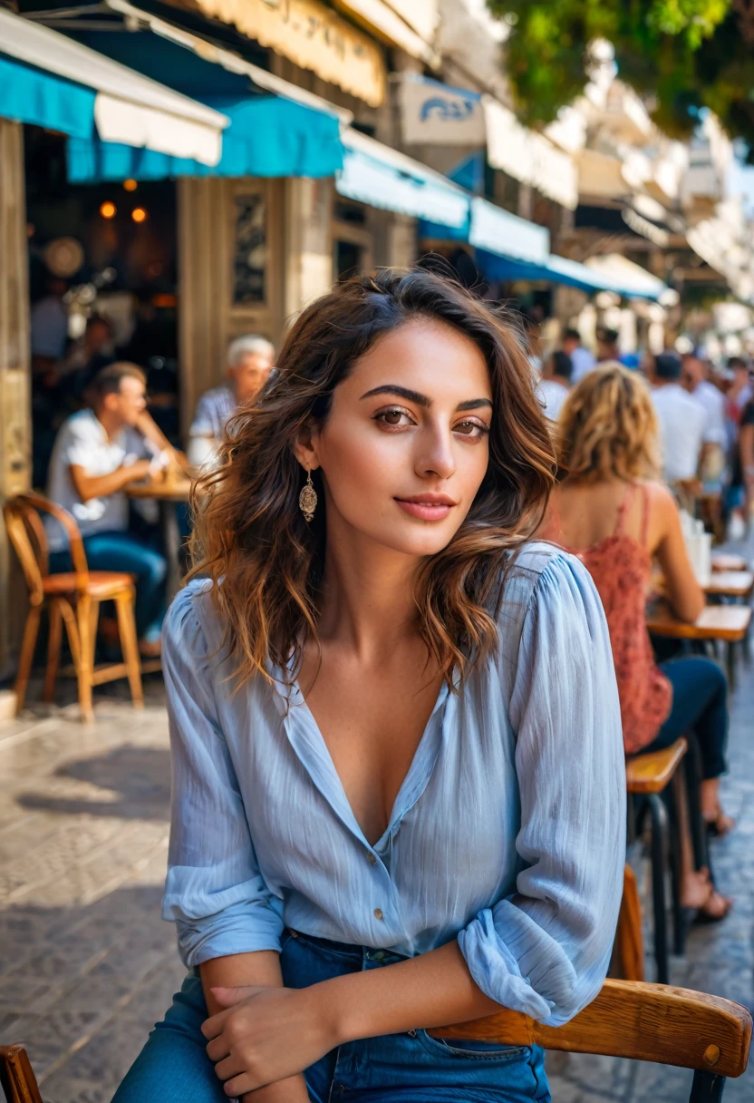 A beautiful woman walks the streets of Tel Aviv and in the background people are sitting in a cafe