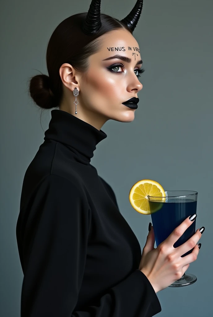 a woman with very delicate features, but at the same time austere and closed. slightly long nose, very thin lips, focus from the waist up, she is wearing a chromatic garment that covers her up to the neck. very minimalist earrings. she holds a glass with a navy blue drink and a slice of lemon. on her forehead is tattooed the words: Venus in Virgo. the very cold and gray scenery. sharp and aggressive nails and black lipstick. and eyes outlined in black. small black horns emerge from her forehead harmonizing with the rest of the colors.