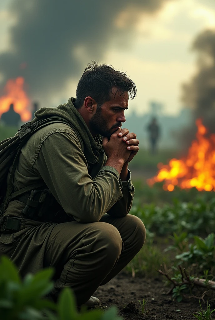 soldier praying in war background green plantation flames of fire around him
