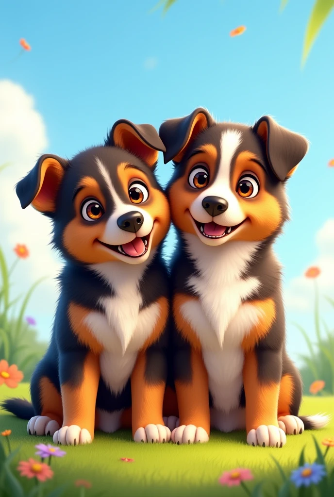 One male and one female Australian Shepard crossed with German Shepard dogs twins, they look more like German Shepard breed,  they are brown, tan and black, realistic animated picture of them sitting together together 