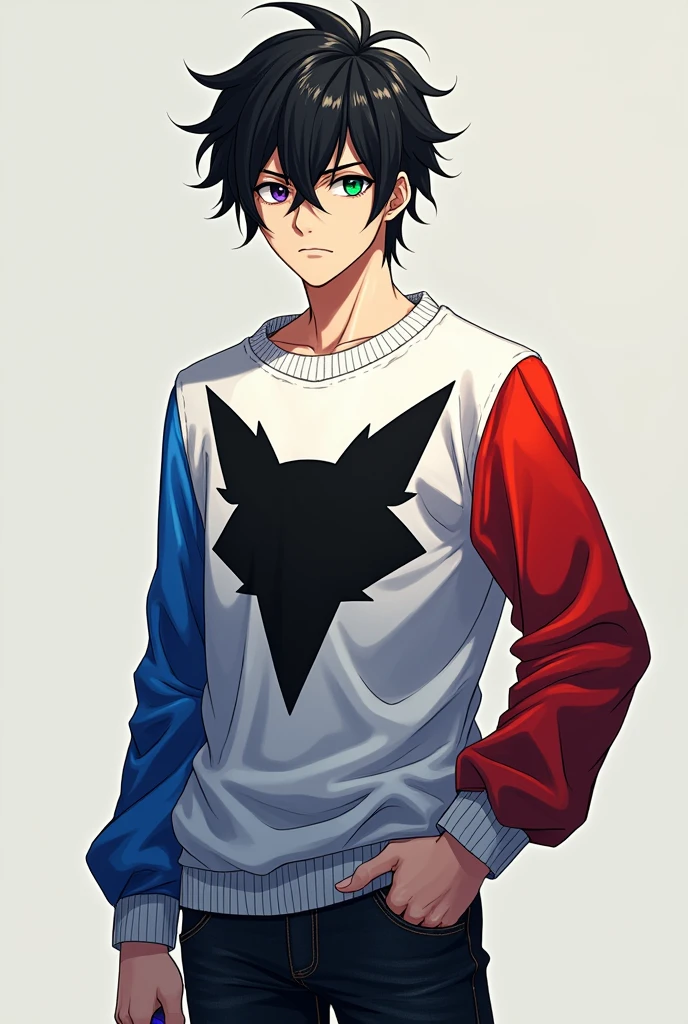 anime version, man, medium, black hair with a white stripe, white skin, monochrome, one eye black and the other green, white sweater with a hat that he wears, the sweater sleeves, one sleeve blue and the other red with the shadow of the head of a fox on the chest on the left very cool, dark jeans and purple shoes, standing with one hand on the hip.