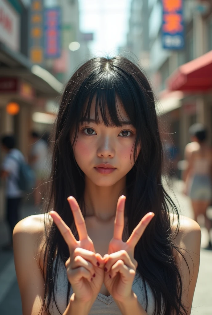 (highest quality,Cowboy shot:1.2),background blur,at crowded City alley,,(perfect beautiful face:1.2),(perfect and beautiful posture:1.2),(Solo, young Japanese girl ),(confused:1.3,embarrassed), shyness:1.1), black hair,(Sweaty, sunburned skin),((crying:1.3)),((fake smile,constricted pupils:1.3,tears)),(double Peace sign:1.5),((naked,fullbody,show teeth))