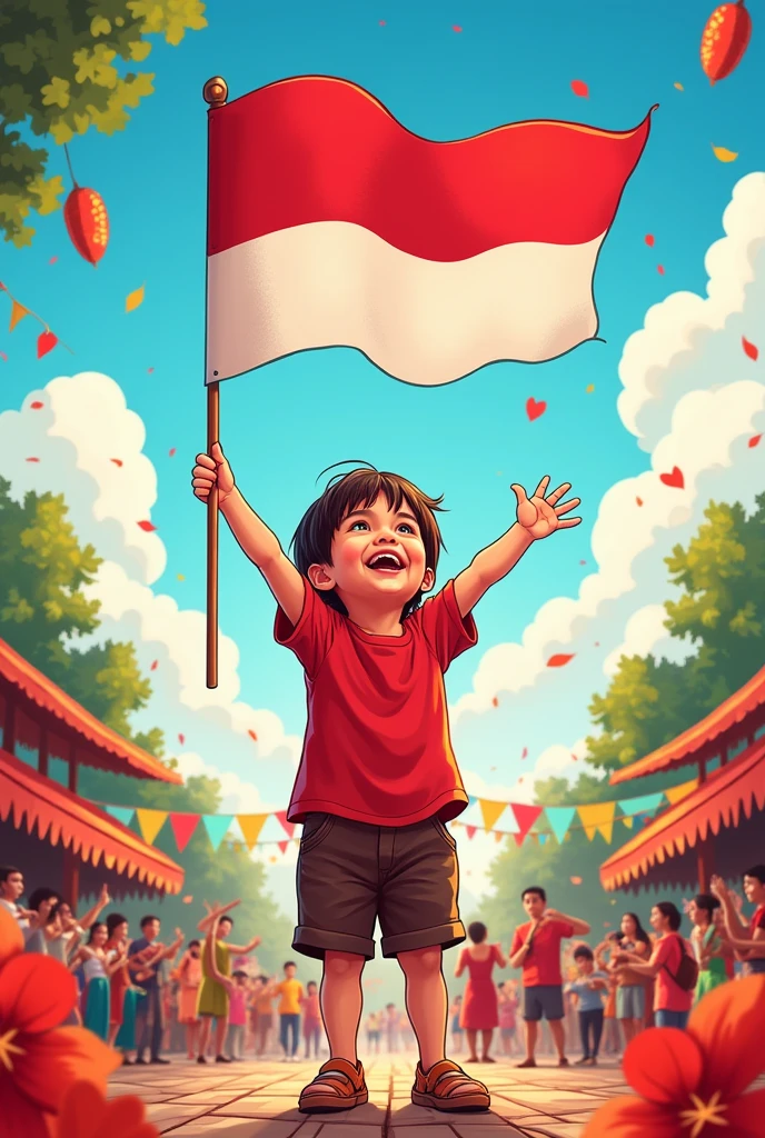 Indonesian independence celebration banner with illustration of a small child with a flag