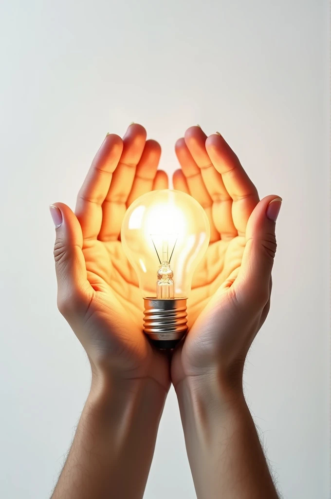Drawing of hands holding a glowing light bulb. White background.