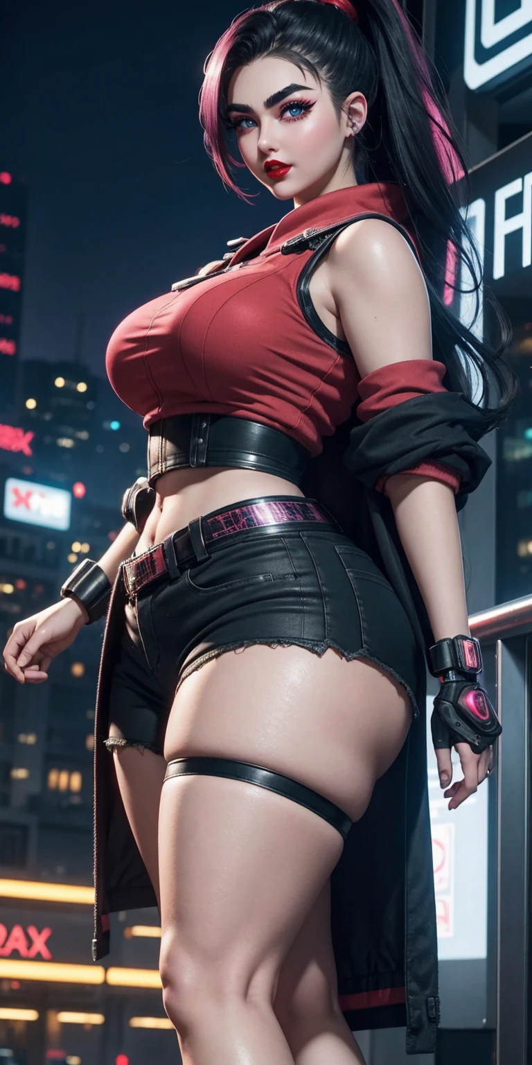 (masterpiece, best quality, expressive eyes, perfect face, Surreal detailed faces), Ultra HD, 4K, HDR, (8k), 3D Cyberpunk Street, Game Hub, cyberpunk theme, night, futuristic, (1024k), reflect, glass, mirror, RTX 4090ti, ray tracing, High Octane Render, (Cyberpunk Street Doll, very cool), (attractive), 20 years old, Confident laughter, wearing shorts, high ponytail, (((red lips))), (((Anime-like Eyes, thick eyelashes))), ((Arrogant Eyebrows Scowled)), ((heavy makeup)), pink cheeks, perfect body, (wide hips, wide waist, torso, ship, ship꼽), (A curvaceous figure), sweaty skin, (young skin), Pale and white skin
