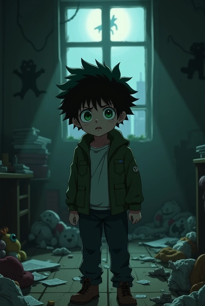 Midoriya Izuku in his childhood looking out from the darkness like a bloody scary stuffed animal