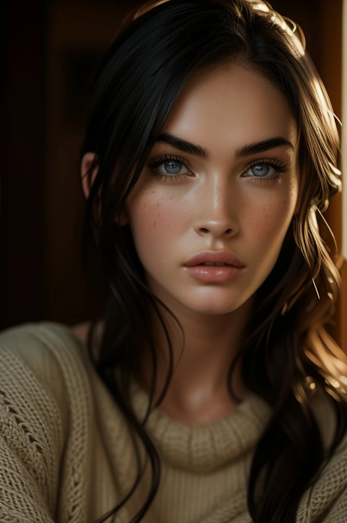 16 year old Megan Fox, ultra-detailed eyes, knit sweater, (((masterpiece, ultra-detailed face))).