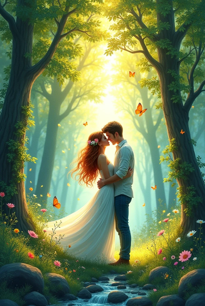A book cover with the following image: A couple in love in the middle of a beautiful forest