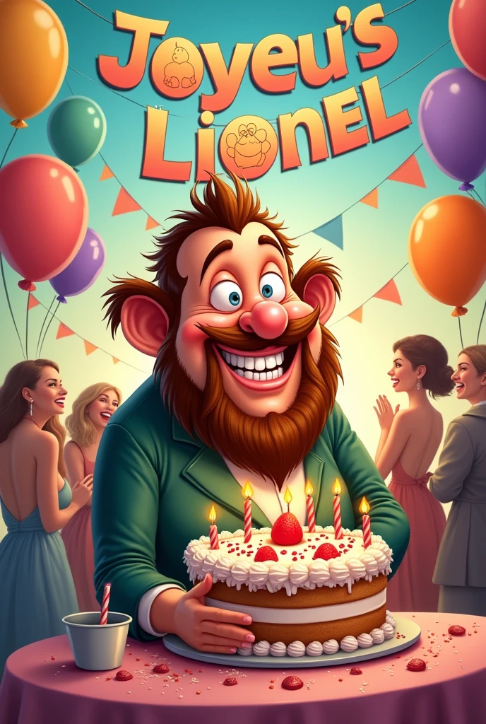 caricature anniversaire humoristique.  Ecrire en Francais " Joyeux Anniversaire Lionel" 54 ans.