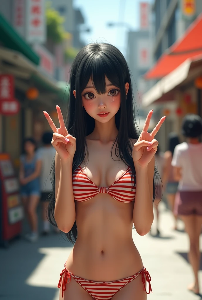 (highest quality,Cowboy shot:1.2),background blur,at crowded City alley,,(perfect beautiful face:1.2),(perfect and beautiful posture:1.2),(Solo, young Japanese girl ),(confused:1.3,embarrassed), shyness:1.1), black hair,(Sweaty, sunburned skin),((crying:1.3)),((fake smile:1.3,constricted pupils:1.3,tears)),(double Peace sign:1.5),((stripe bikini,fullbody,show teeth))