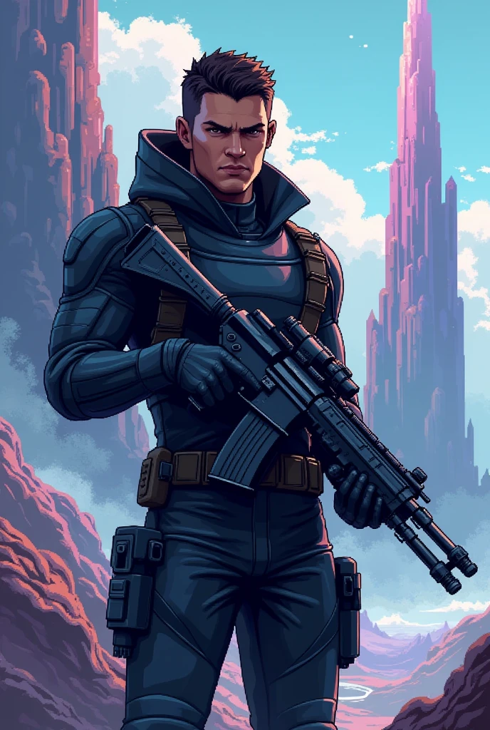 A soldier with a light gun wearing a black military uniform looks at Juloro. Pixel art in 100*100 dimensions.