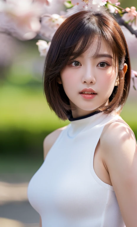 ( (((A beautiful woman))), ((a white cherry blossom)),(((detailed face))),(crotch), perfect body anatomy, huge breasts,pretty,sleeveless turtle neck, white silky clothes, 4k , super high resolution ,(photo-realistic: 1.7),white background,black short hair, ((SFW)), cowboy_shot, bokeh. 🔥🌹💕)