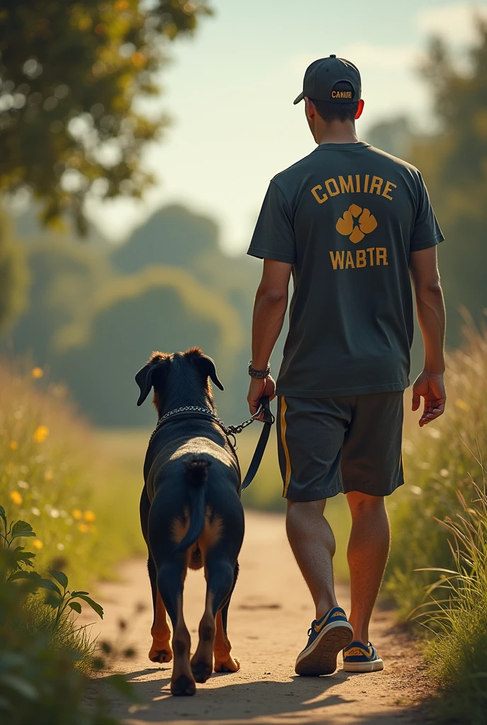 Detailed depiction of a man walking a Rottweiler。Detailed depiction of nature。All live-action。The man in the photo is wearing a T-shirt that says Canine。Poster for a high-end brand。Rottweiler and a man are facing this way。Expressing luxury and hope。Wearing a cap that says Canine
