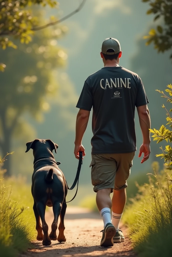 Detailed depiction of a man walking a Rottweiler。Detailed depiction of nature。All live-action。The man in the photo is wearing a T-shirt that says Canine。Poster for a high-end brand。Rottweiler and a man are facing this way。Expressing luxury and hope。Wearing a cap that says Canine