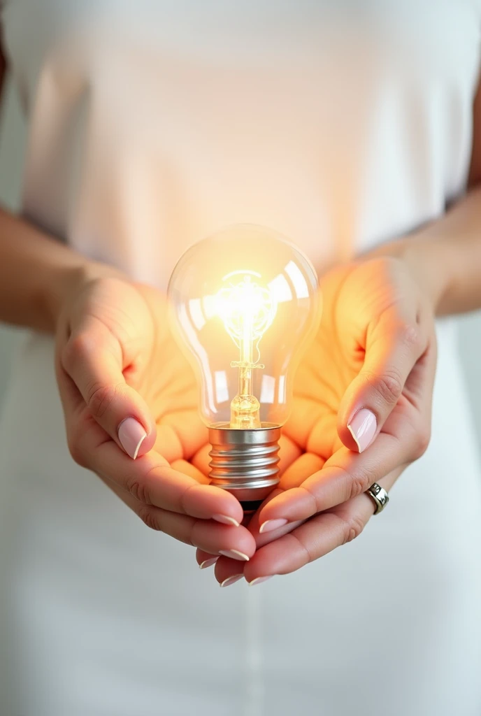 Drawing of female hands holding a glowing light bulb. White background.