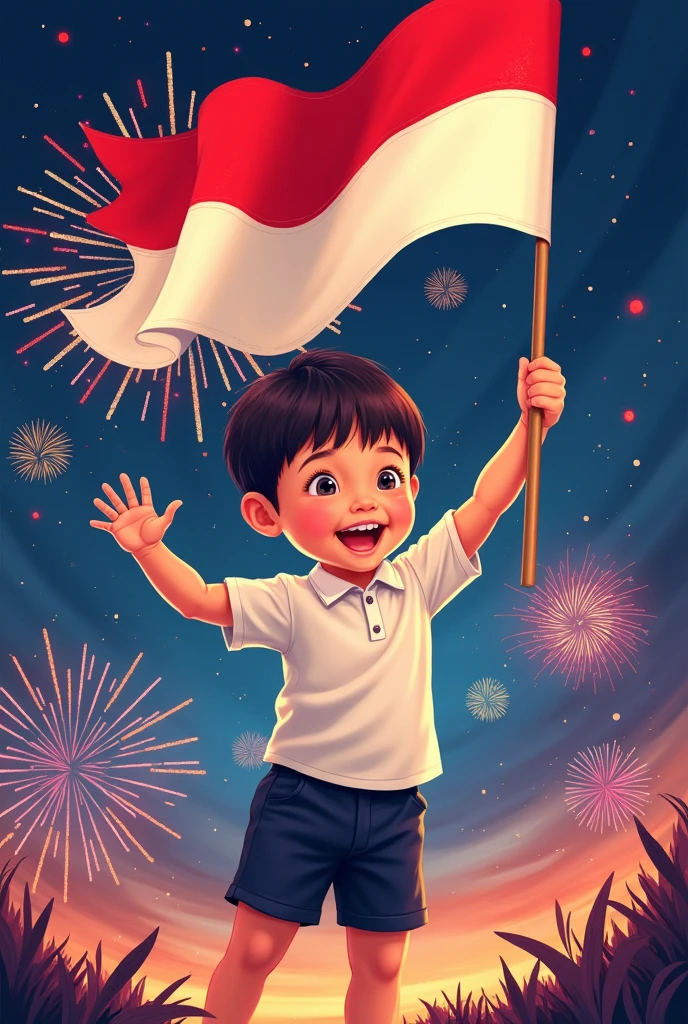 Indonesian independence celebration banner with illustration of a small child in elementary school uniform with a flag