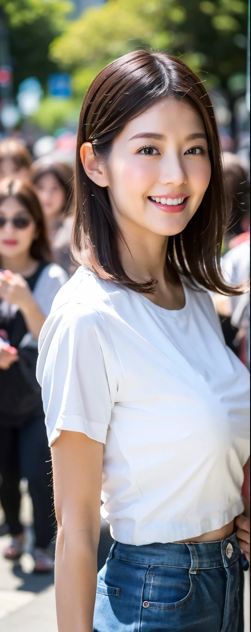 (8k, RAW photos, top quality, masterpiece: 1.2, ultra detailed, super resolution, real photos: 1.37), (Full body photo), 1 noble elegant Japanese lady, A lot of wrinkles on the face, plumw, (standing contrapposte), Denim skinny little shorts, Thighs white, Good skin radiance, Small tunic T-shirt, tight-fitting, large pelvis, Black heels, Shiny, mature pretty woman, Moist clothes, Smile, Daylight, Looks like 1.8 meters tall, Large breasts, big cuvy hips, Thin waist, Long legs, skin hyper-detail, 45 years old, Perfect face, Fantastic look, (Detailed facial features), Wavy hair, center of street, crowd of people,