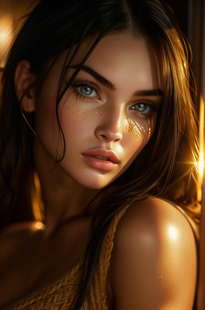 Megan Fox, ultra-detailed eyes, knit sweater, (bathed in golden sunlight), (((masterpiece, ultra-detailed face))).