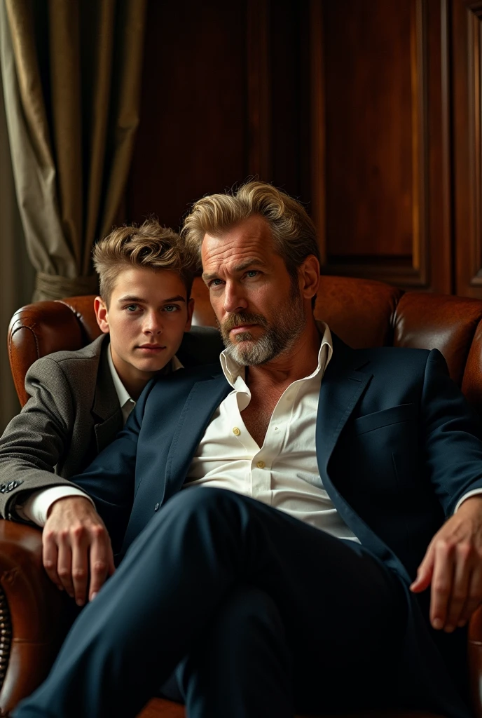Create a cover for a book on Wattpad that contains the following:: It should be a bit realistic and should feature a blonde, blue-eyed, bearded mobster sitting in a chair with a face of excitement, and a 25-year-old man without a beard sitting on his lap, looking into each other's eyes.