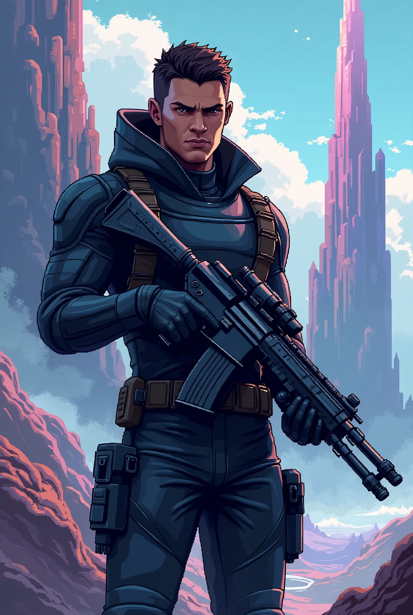 A soldier with a light gun wearing a black military uniform looks at Juloro. Pixel art in 100*100 dimensions.